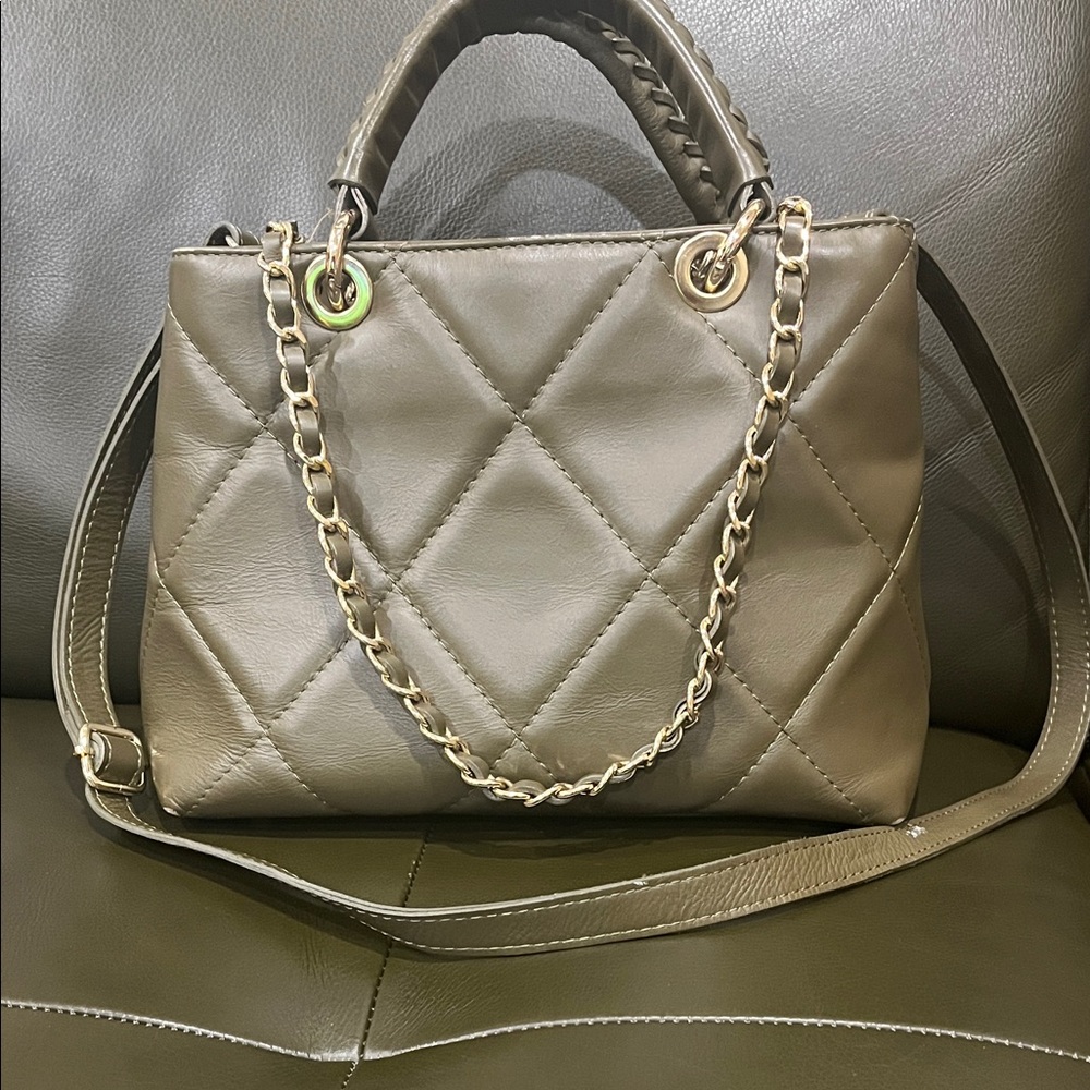Olive Green Quilted Leather Satchel with Gold Chain Strap